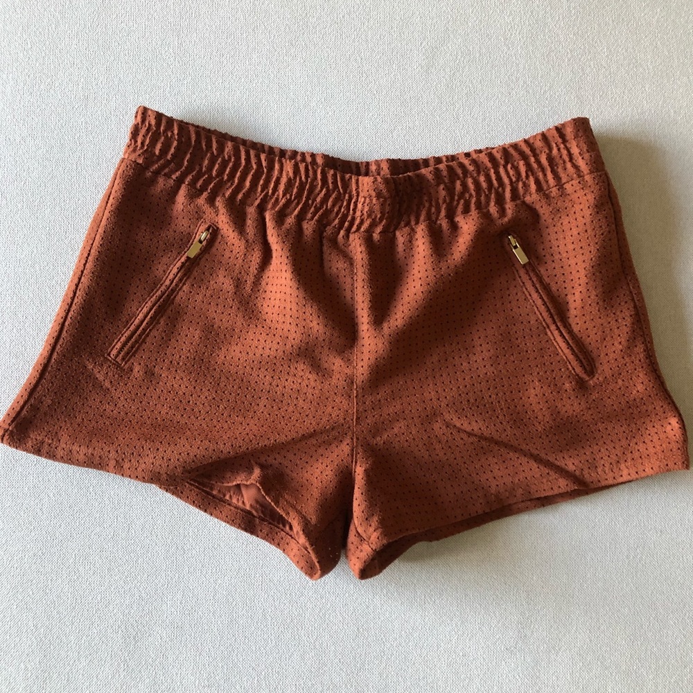 Burnt Orange Corduroy Woven Autumn Shorts with Elastic Waist and Gold Zippers